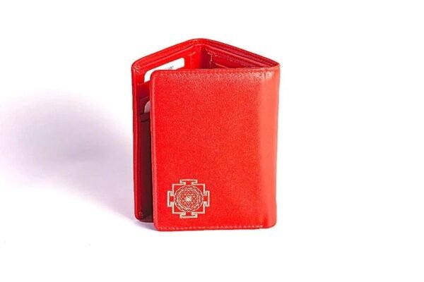 red, non leather Kriyashakti Wallet with Shree Yantra design.